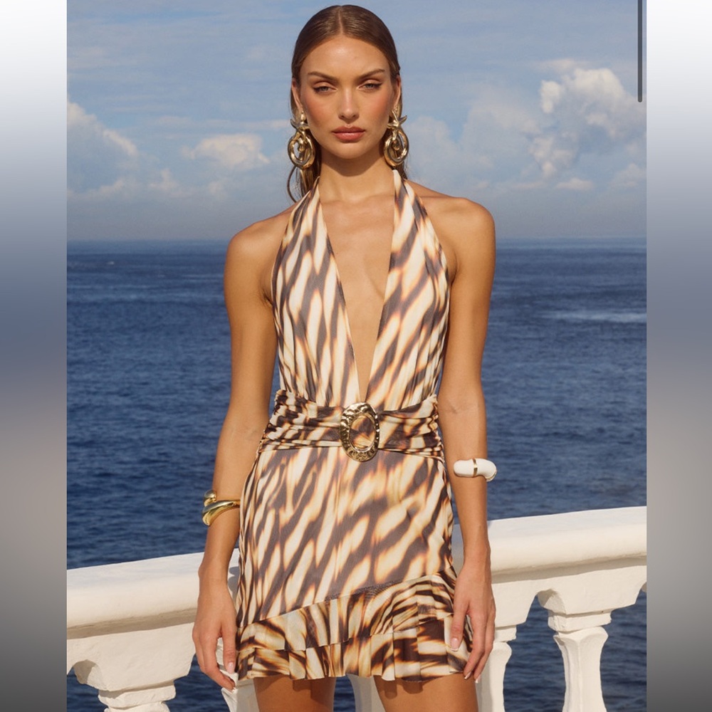 Brand New Runway Plunging Halter Mini Dress in Neutral Stripe